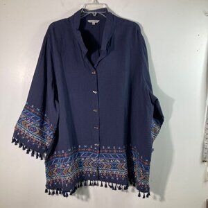 Womens John Mark Aztec Print Embroidered Button Tunic 3x Collar Stay Fringe
